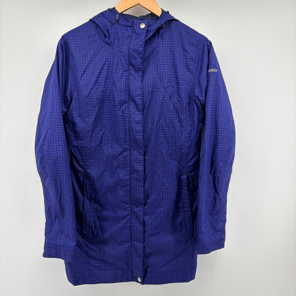 Columbia Omni-Tech Rain Jacket Womens Medium Blue Geometric Waterproof Hooded